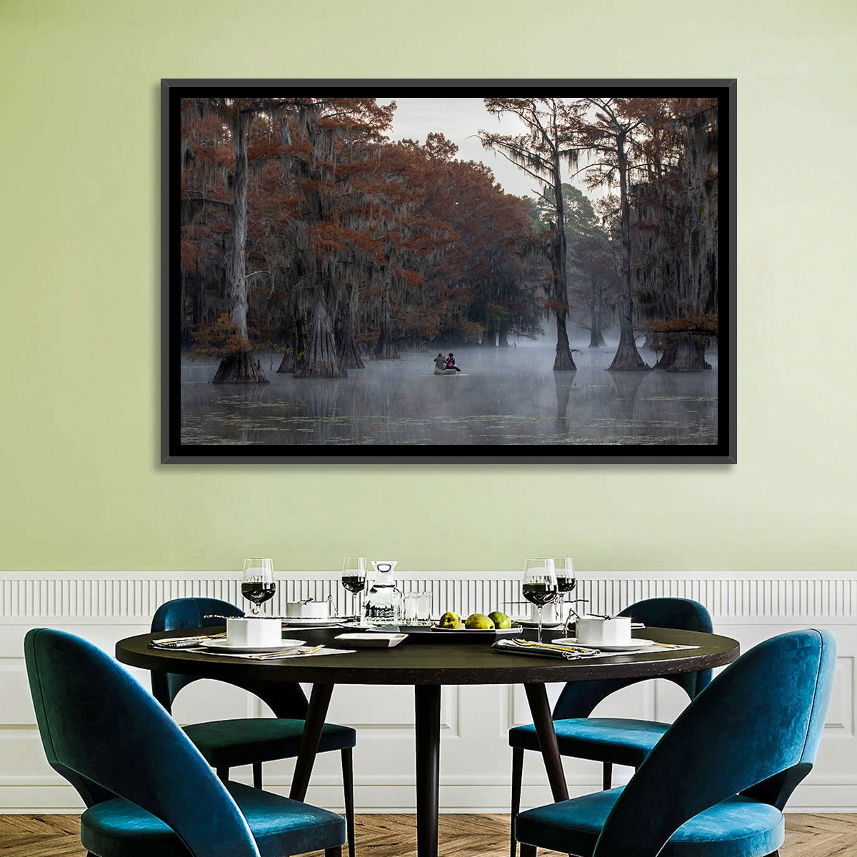 Caddo Lake Morning Mist Wall Art in a room, landscape