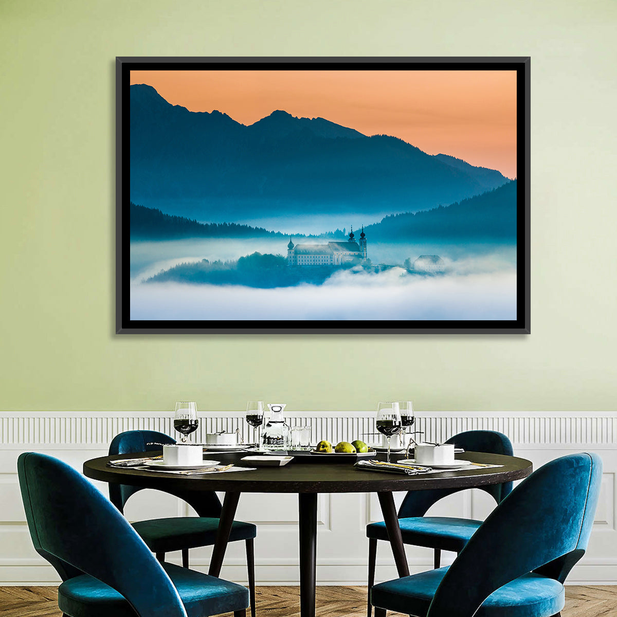 Benediktbeuern Abbey in Morning Fog Wall Art in a room, landscape