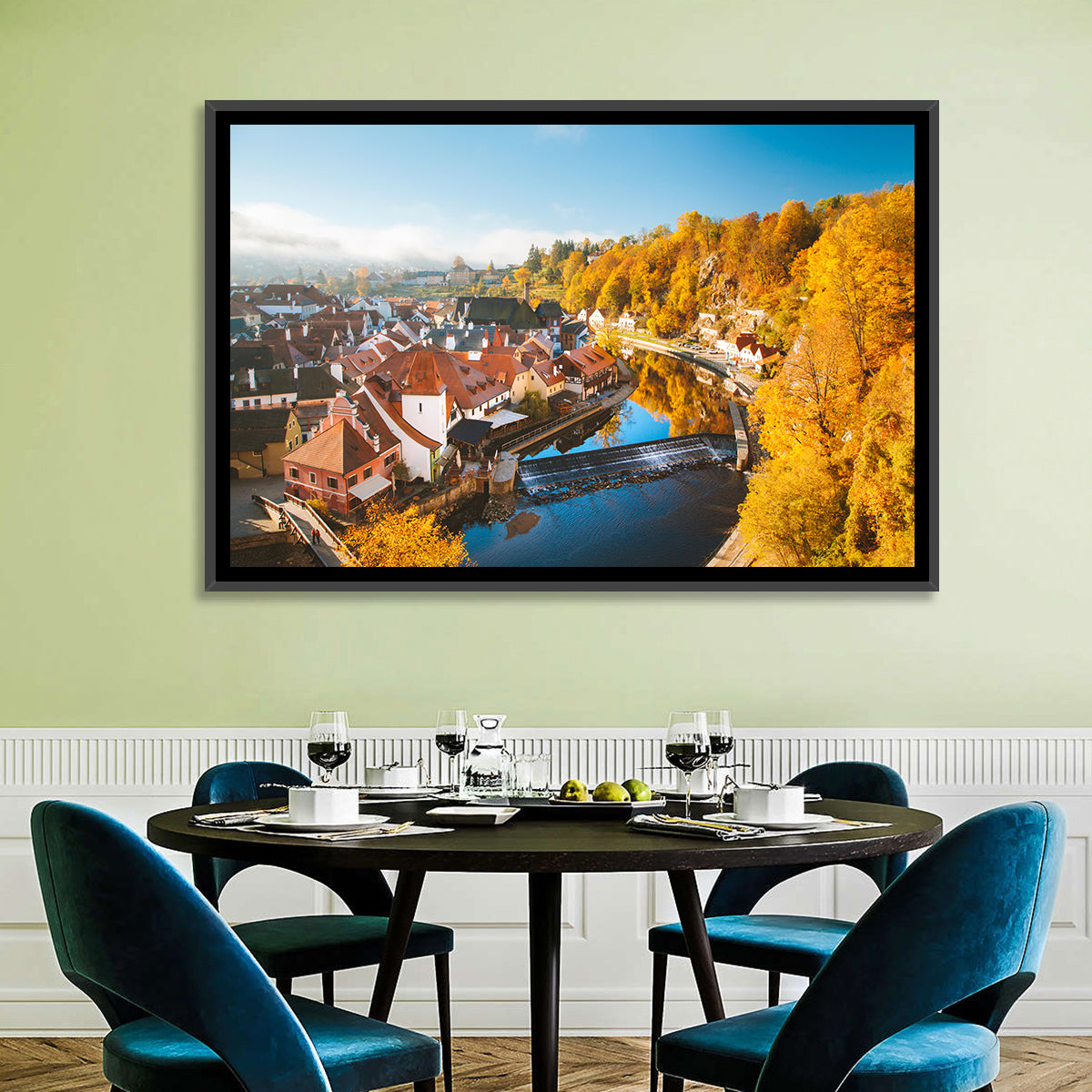 Český Krumlov River Weir in Autumn Wall Art in a room, landscape