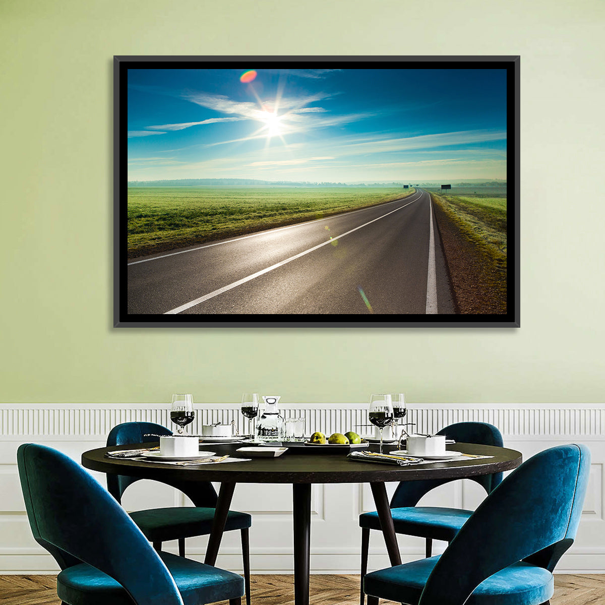 Sunlit Road Through Green Field Wall Art