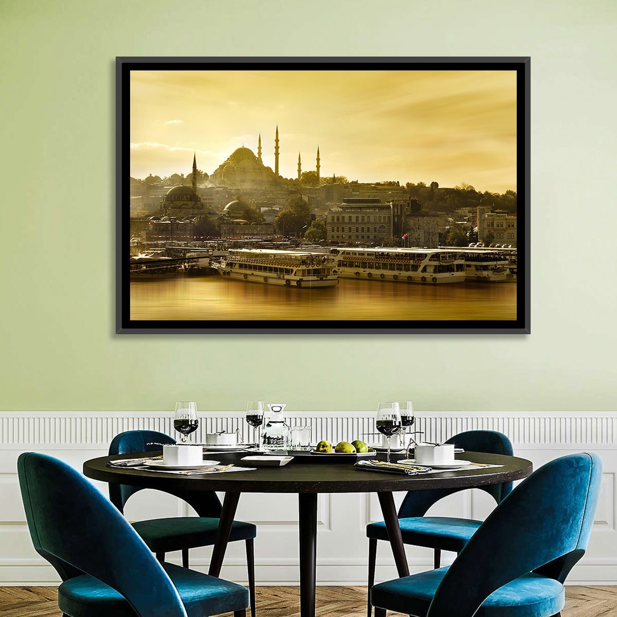 Suleymaniye Mosque Sunset Silhouette Wall Art in a room, landscape