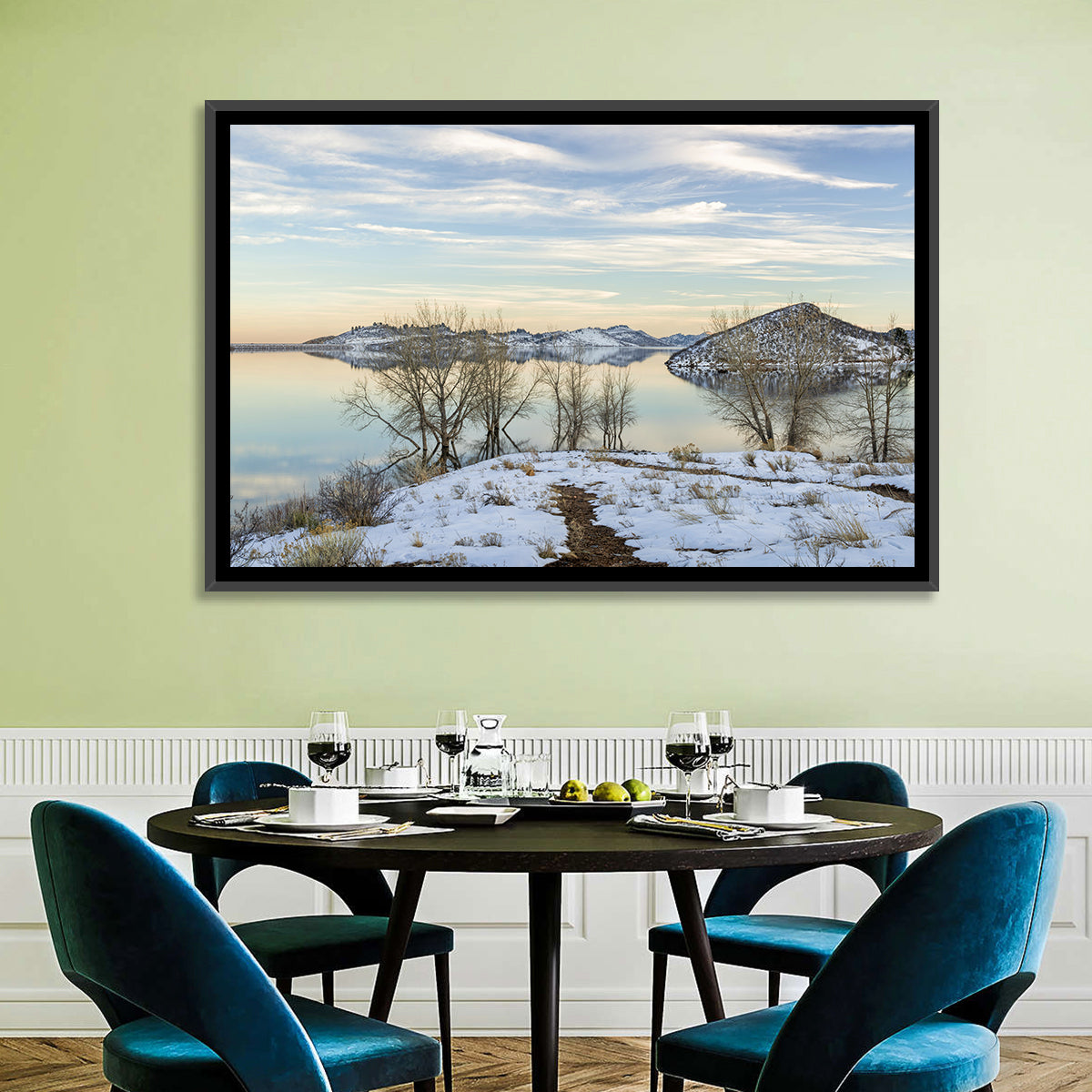 Horsetooth Reservoir Frozen Reflection Wall Art in a room, landscape