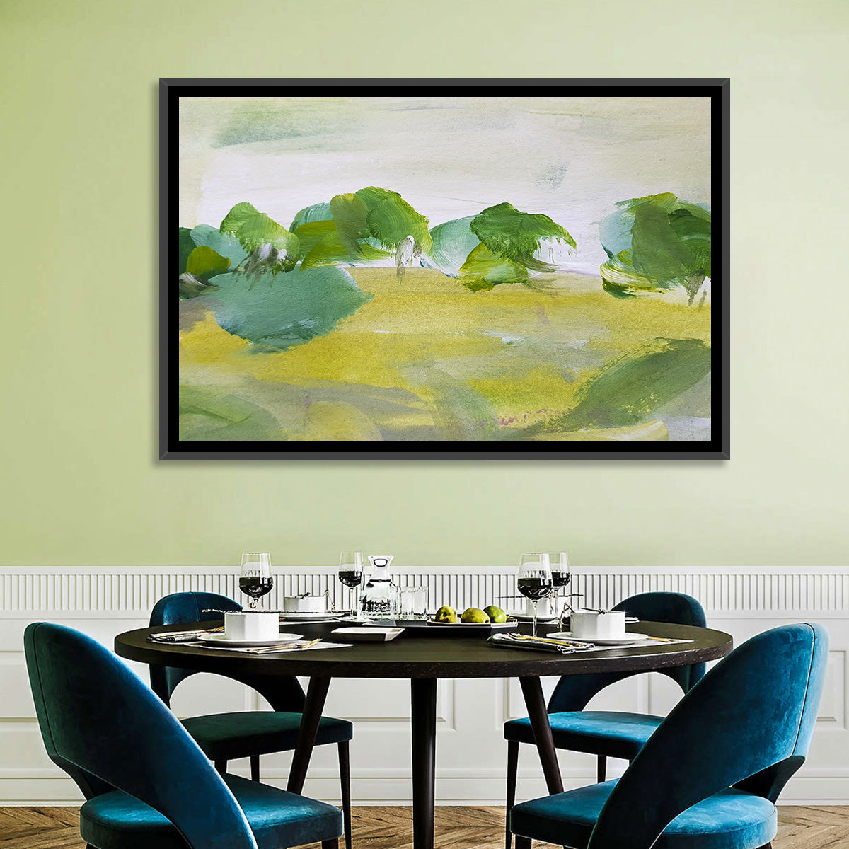 Rural Fields Abstract Wall Art in a room, landscape