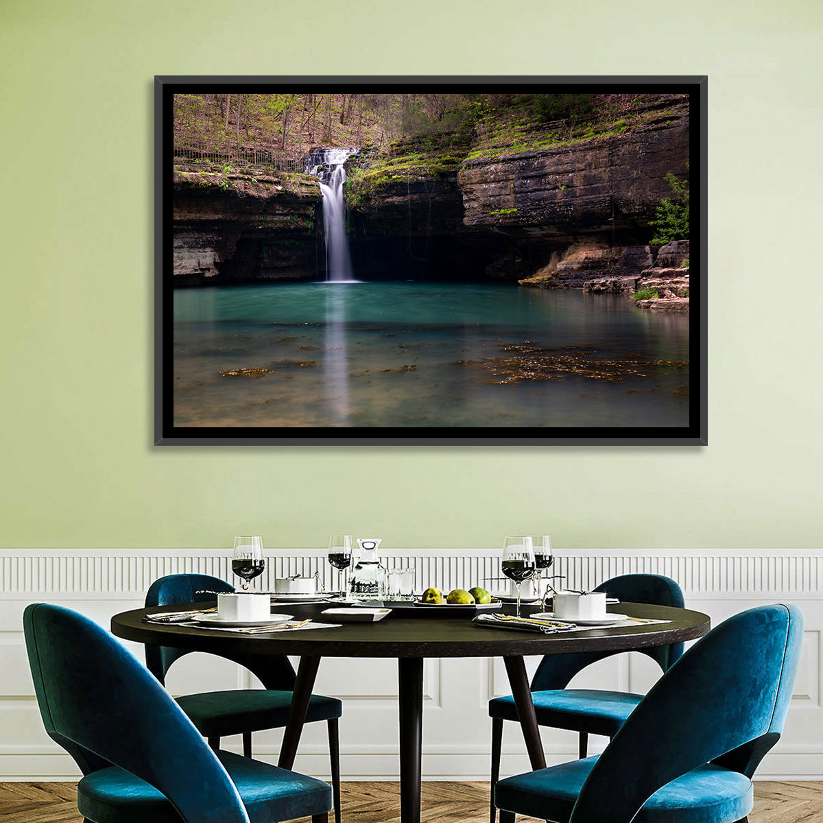 Mossy Cove Waterfall Wall Art in a room, landscape