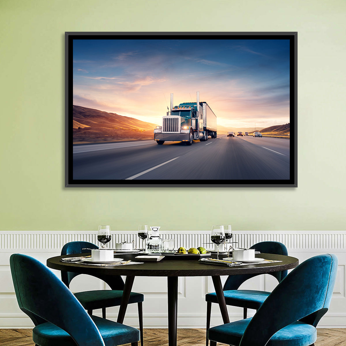 Semi Truck Highway Sunset Wall Art