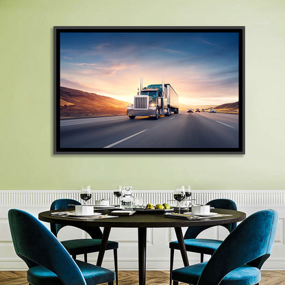 Semi Truck Highway Sunset Wall Art