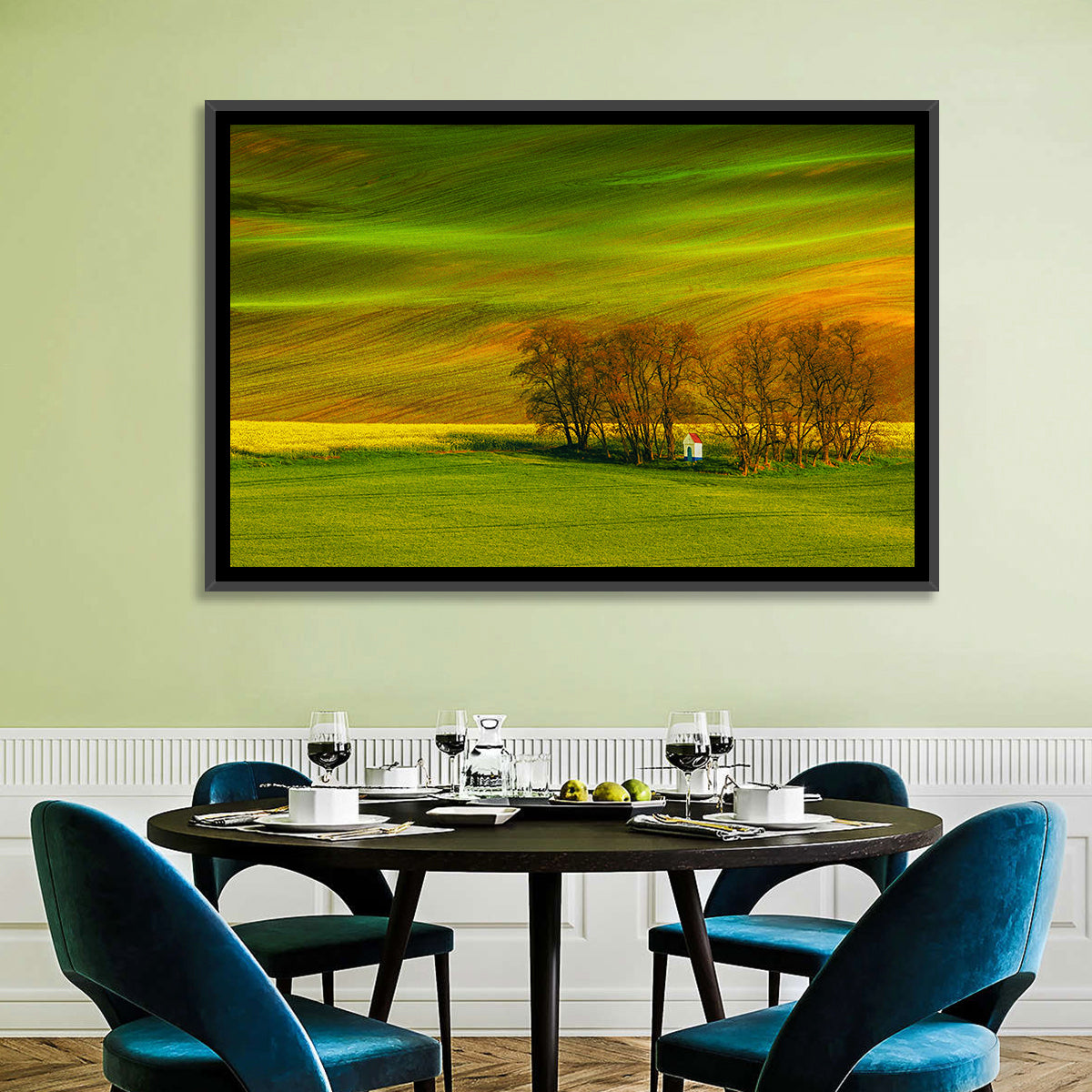 Moravian Wheat Fields with Chapel Wall Art in a room, landscape