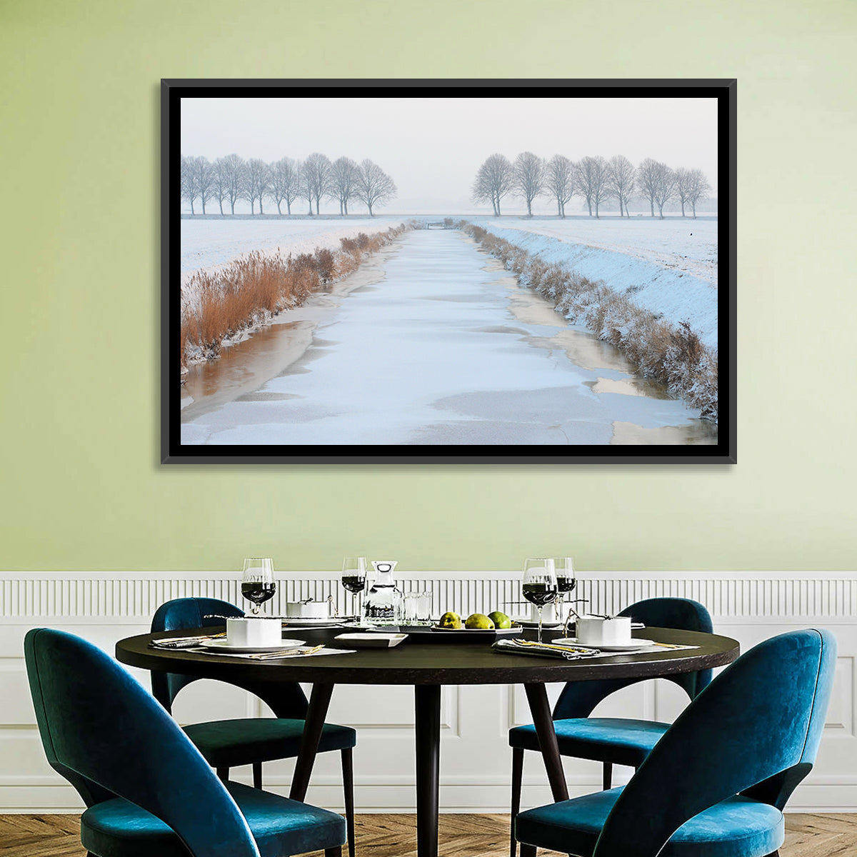 Frozen Canal with Bare Trees Wall Art in a room, landscape