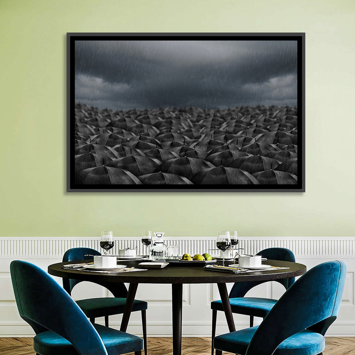 Clustered Umbrellas in Rain Wall Art in a room, landscape