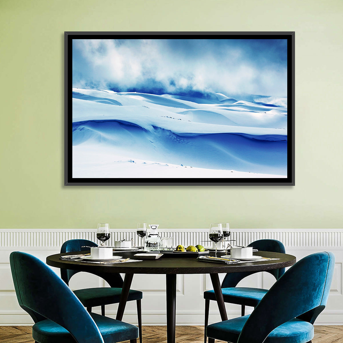 Wind-swept Snow Ridges Wall Art in a room, landscape
