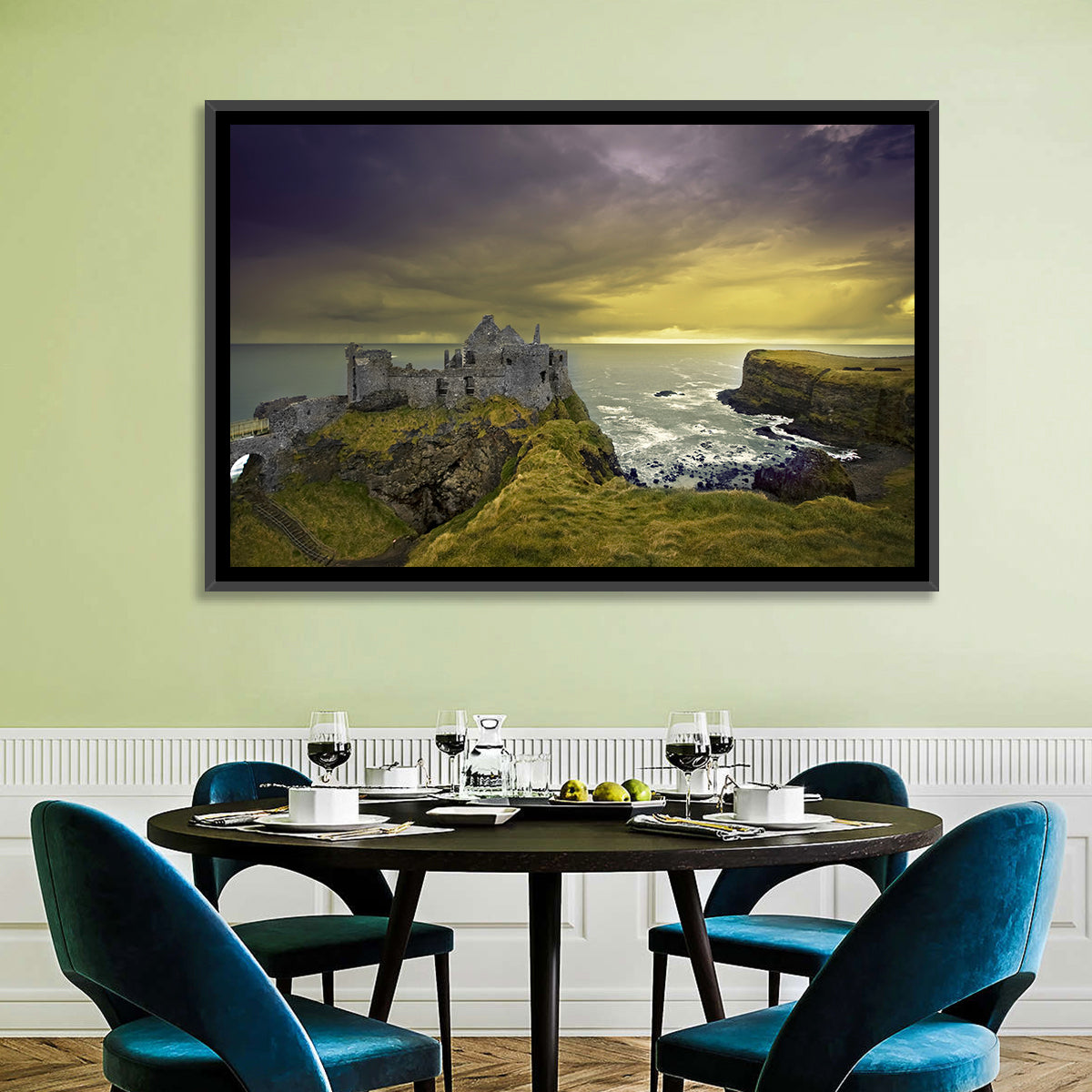 Dunluce Castle Ruins Wall Art in a room, landscape