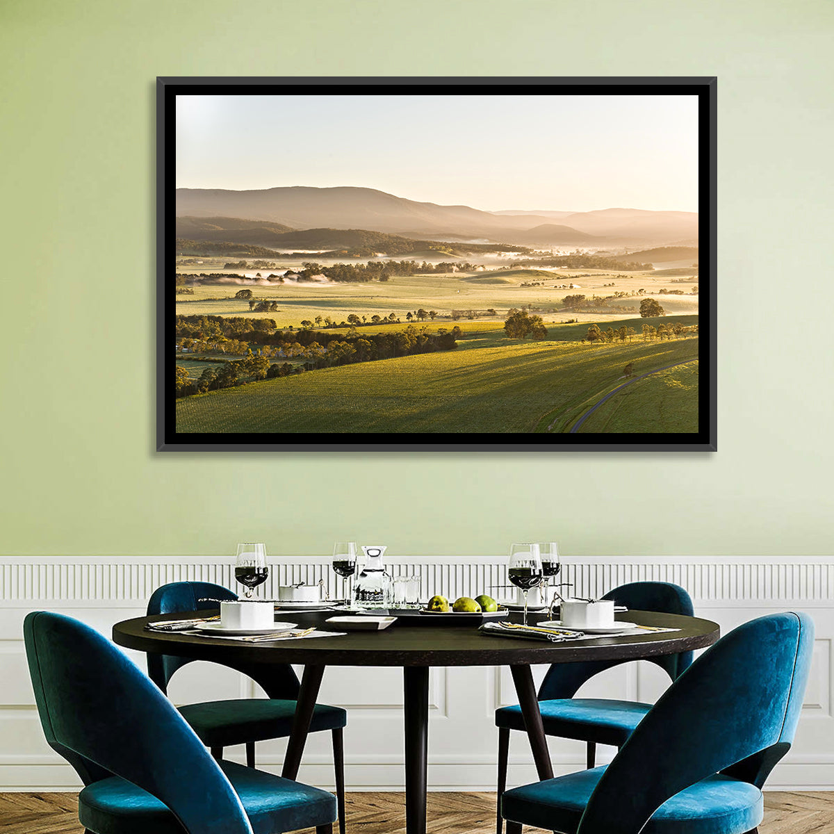 Yarra Valley Morning Mist Wall Art in a room, landscape