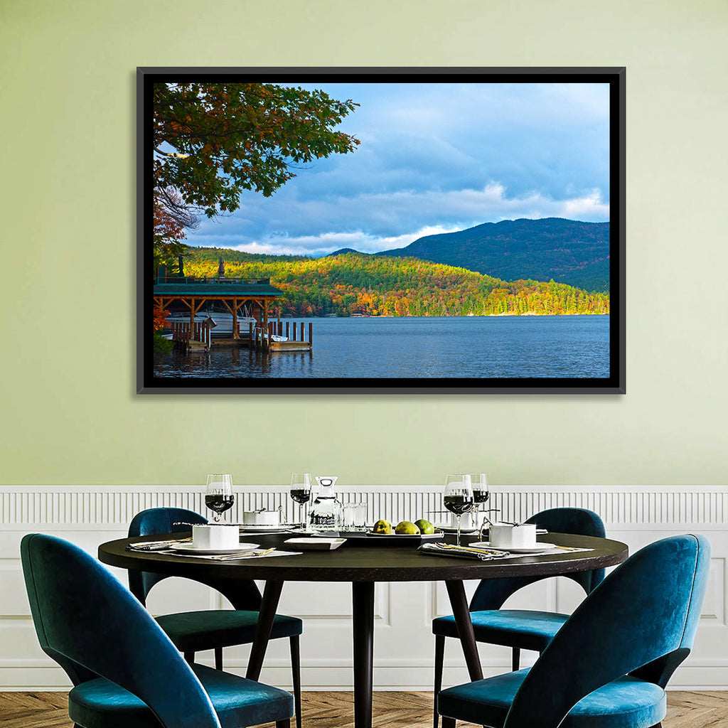 Lake George Boathouse in Autumn Wall Art