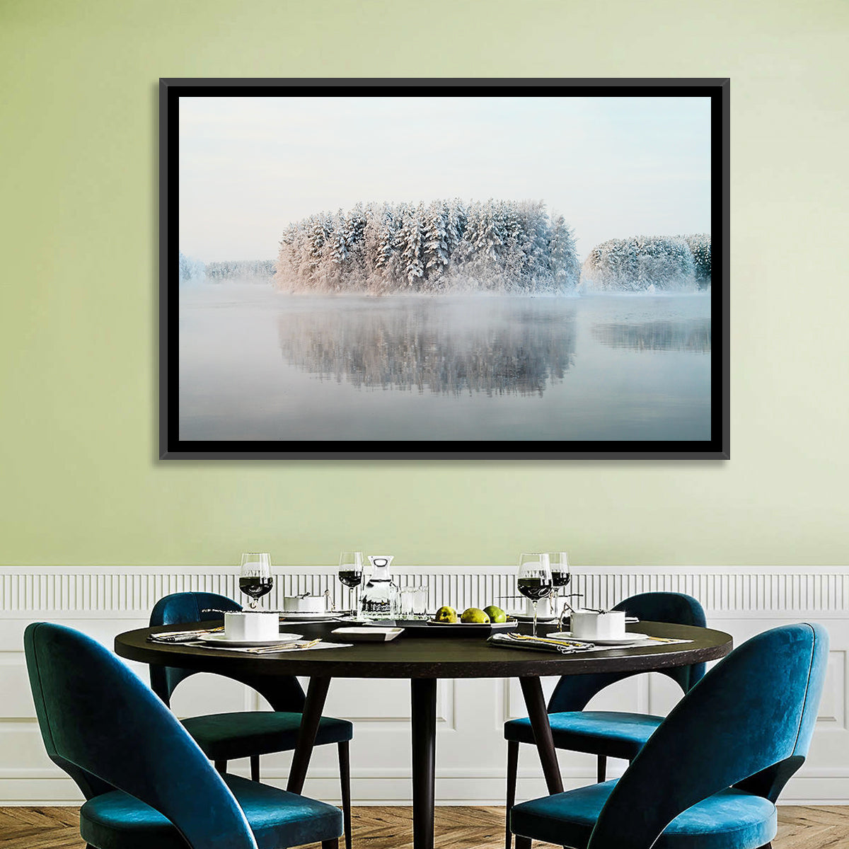 Misty Karelia Lake Wall Art in a room, landscape