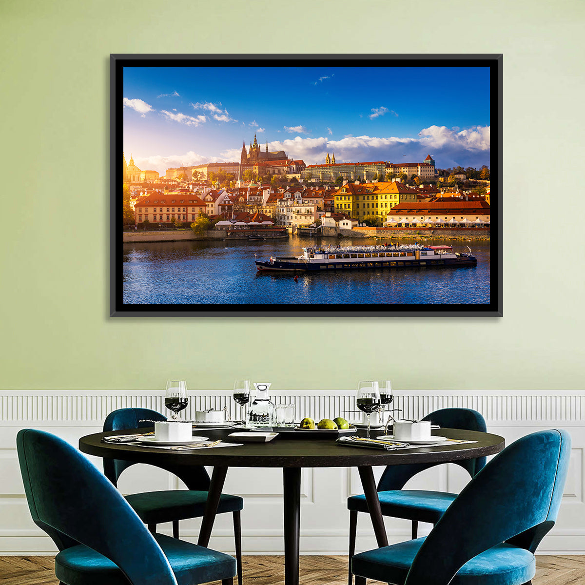 Prague Castle Golden Hour River View Wall Art in a room, landscape