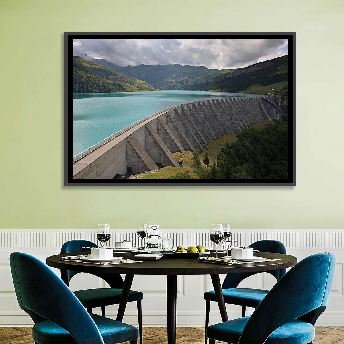Curved Dam on Turquoise Lake Wall Art