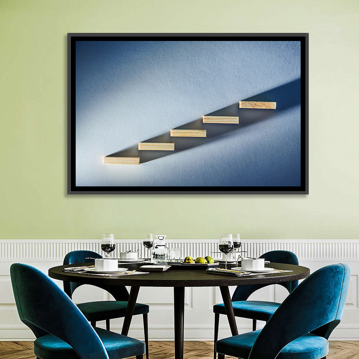Five Wooden Steps Abstraction Wall Art in a room, landscape