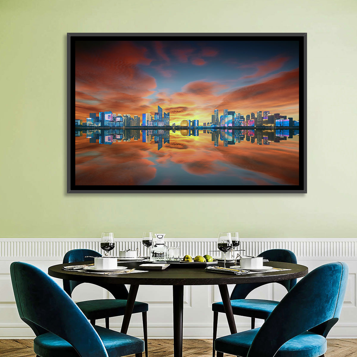Hangzhou Golden Sphere Skyline at Dusk Wall Art in a room, landscape