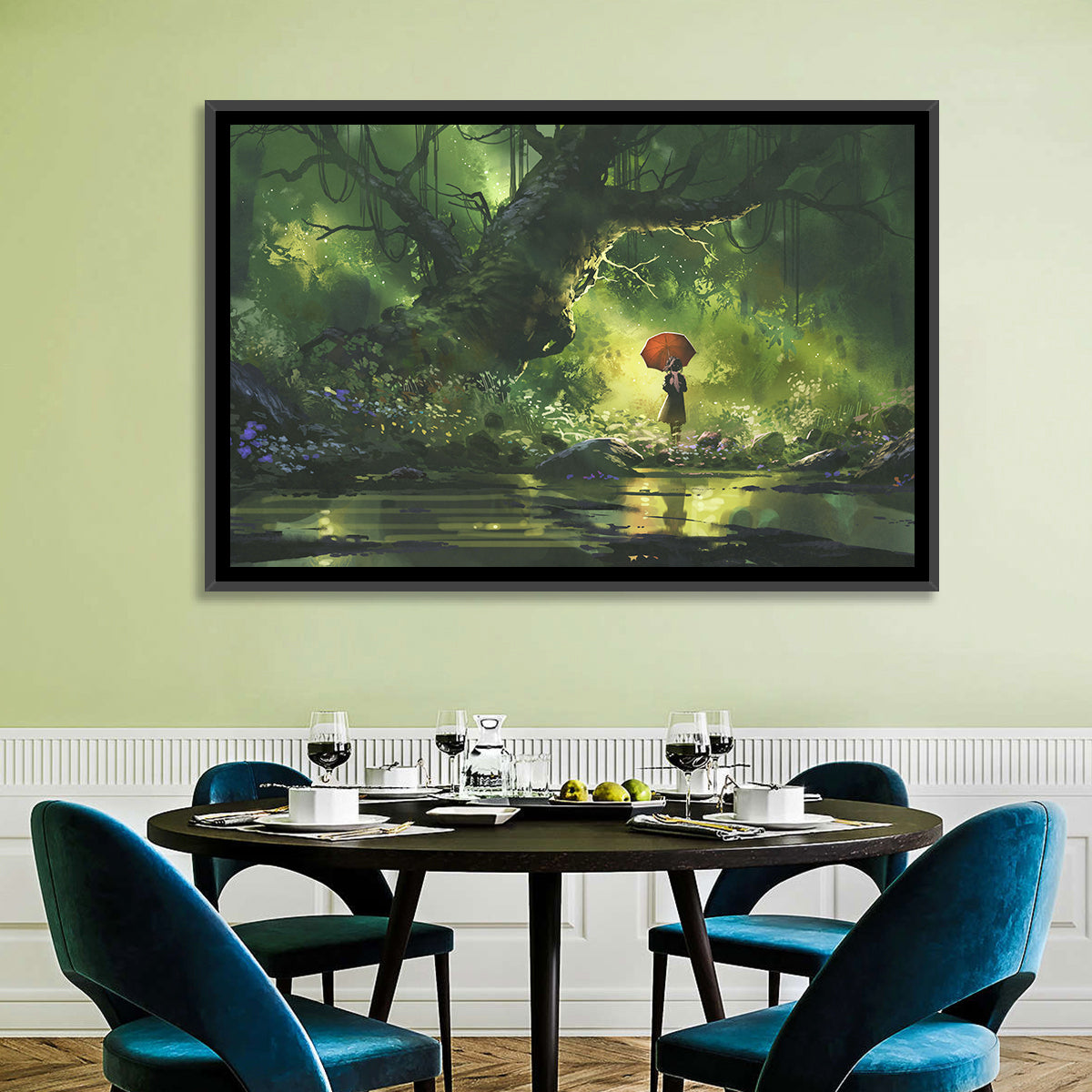 Girl with Umbrella in Mysterious Forest Wall Art