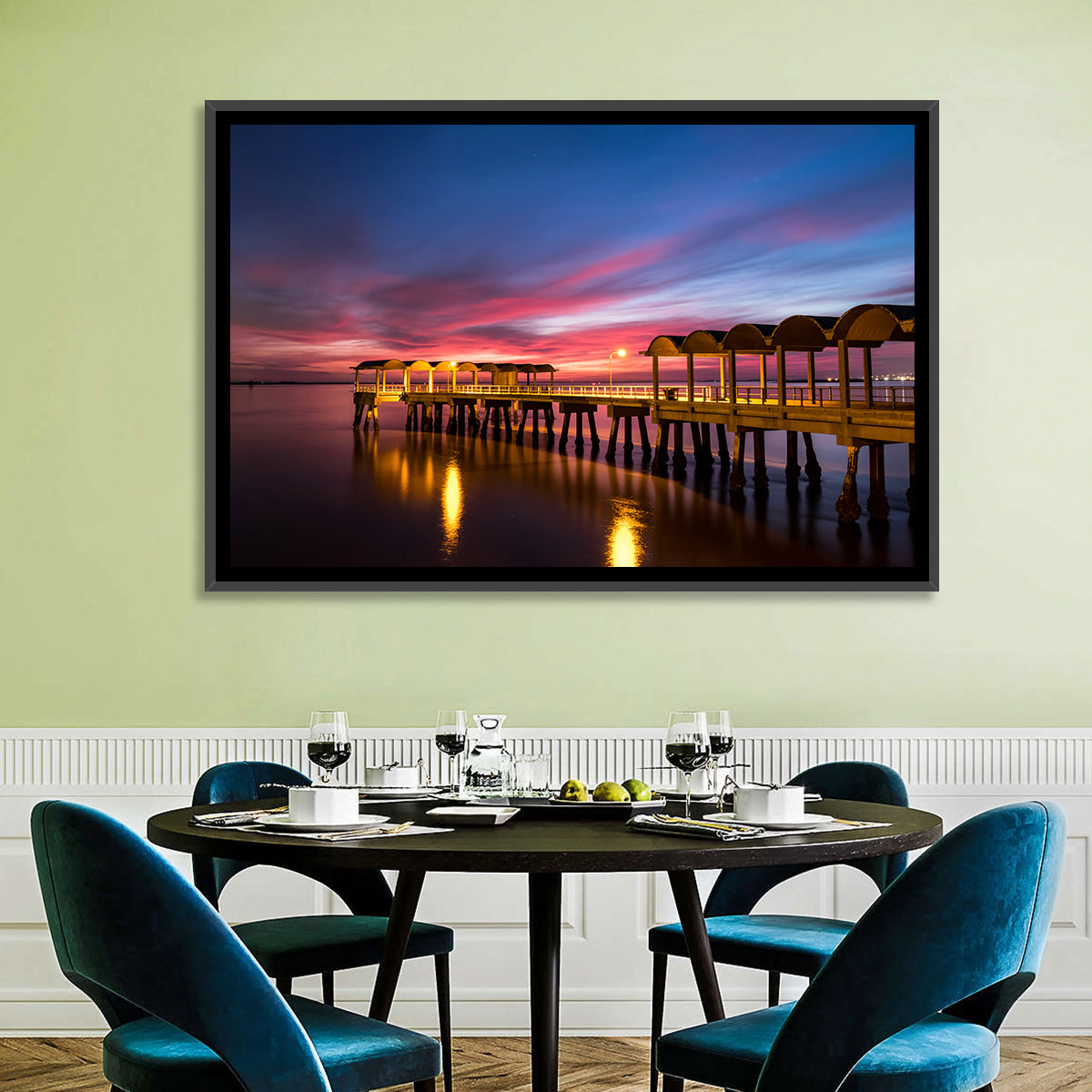 Twilight on Jekyll Island Pier Wall Art in a room, landscape