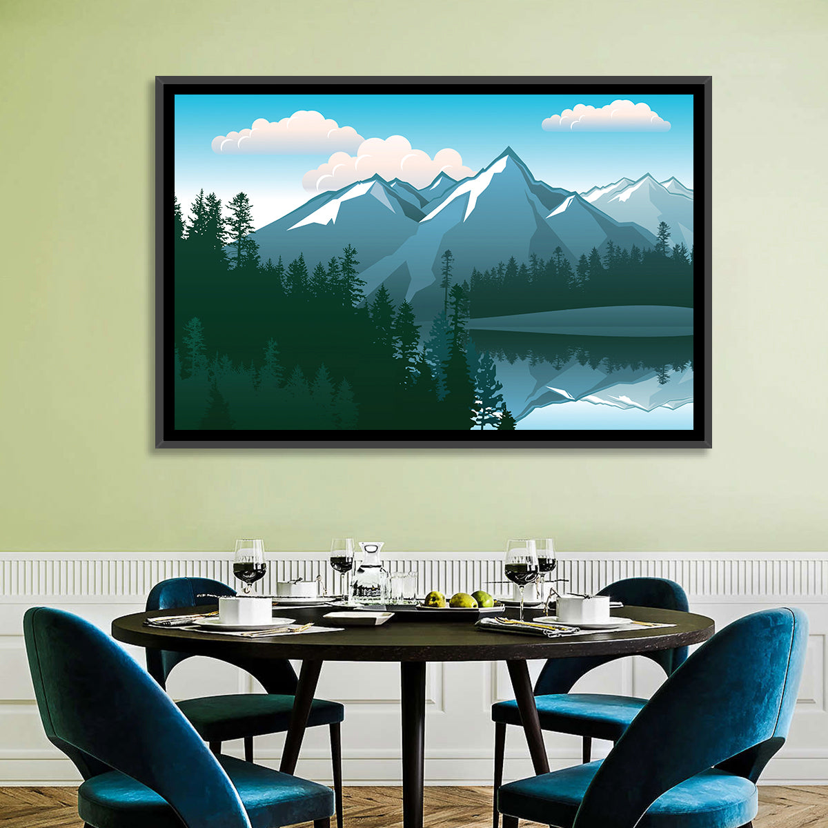 Tranquil Mountain Lake Illustration Wall Art in a room, landscape
