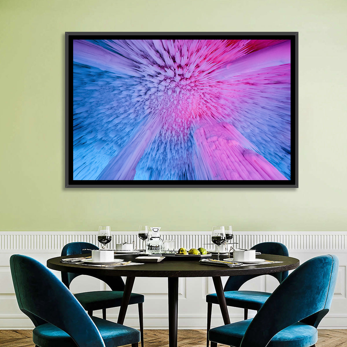 Ethereal Ice Cave Icicles Wall Art in a room, landscape