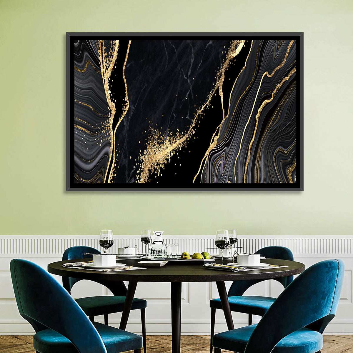 Diagonal Gold Veined Marble Wall Art in a room, landscape