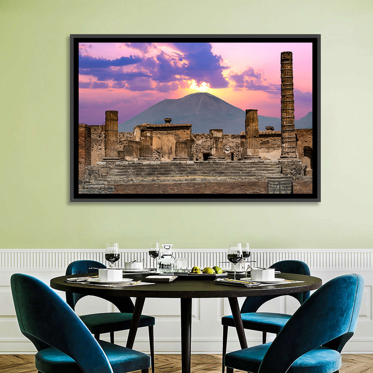 Pompeii Columns at Sunset, Mount Vesuvius Wall Art in a room, landscape