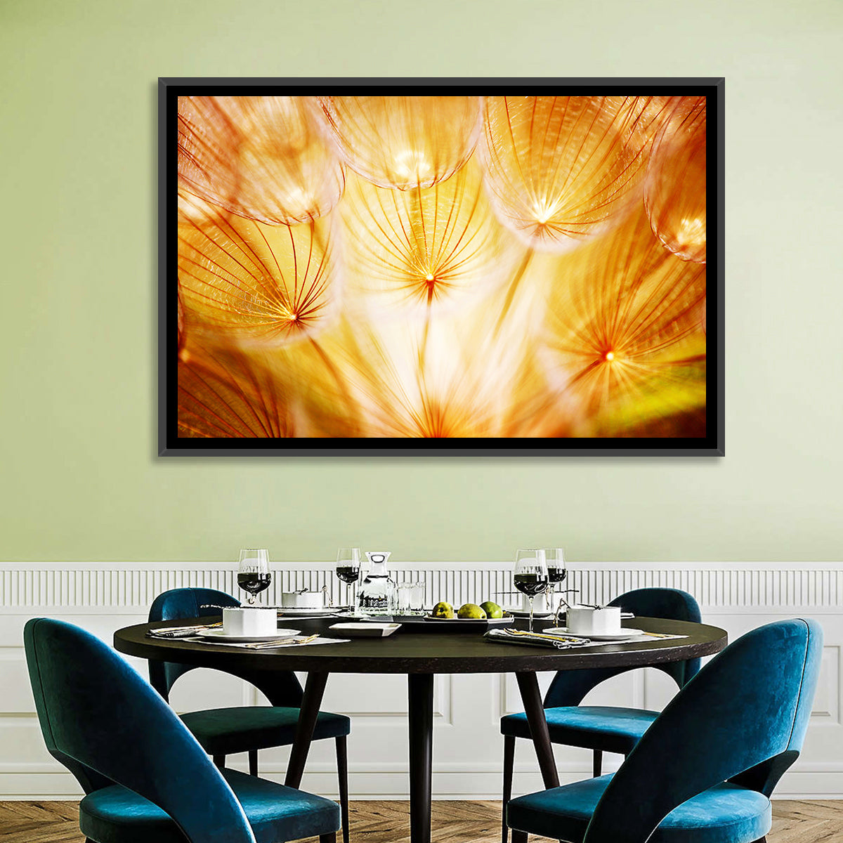 Golden Hour Dandelion Seed Macro Abstract Wall Art in a room, landscape