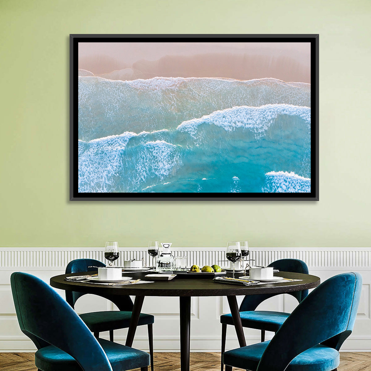 Turquoise Shoreline Aerial View Wall Art in a room, landscape