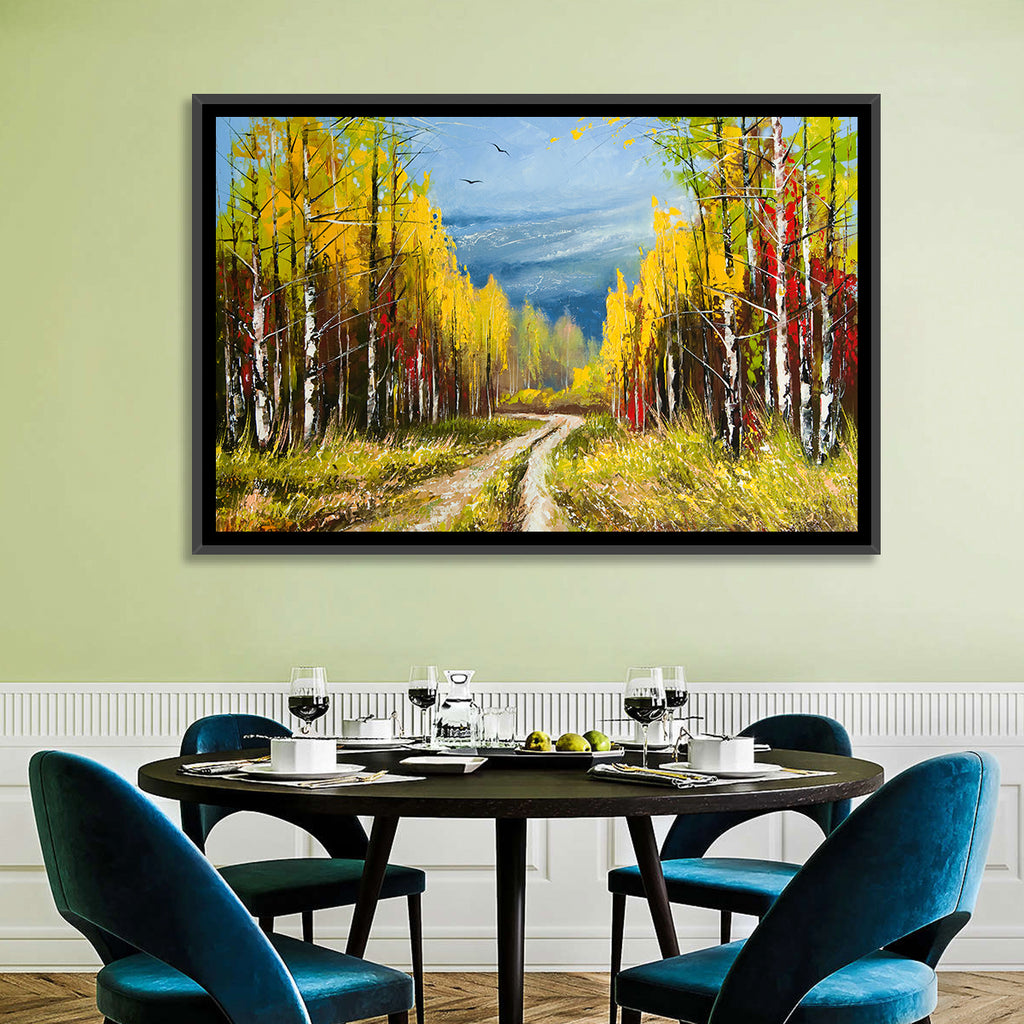 Autumn Birch Path with Two Birds Wall Art