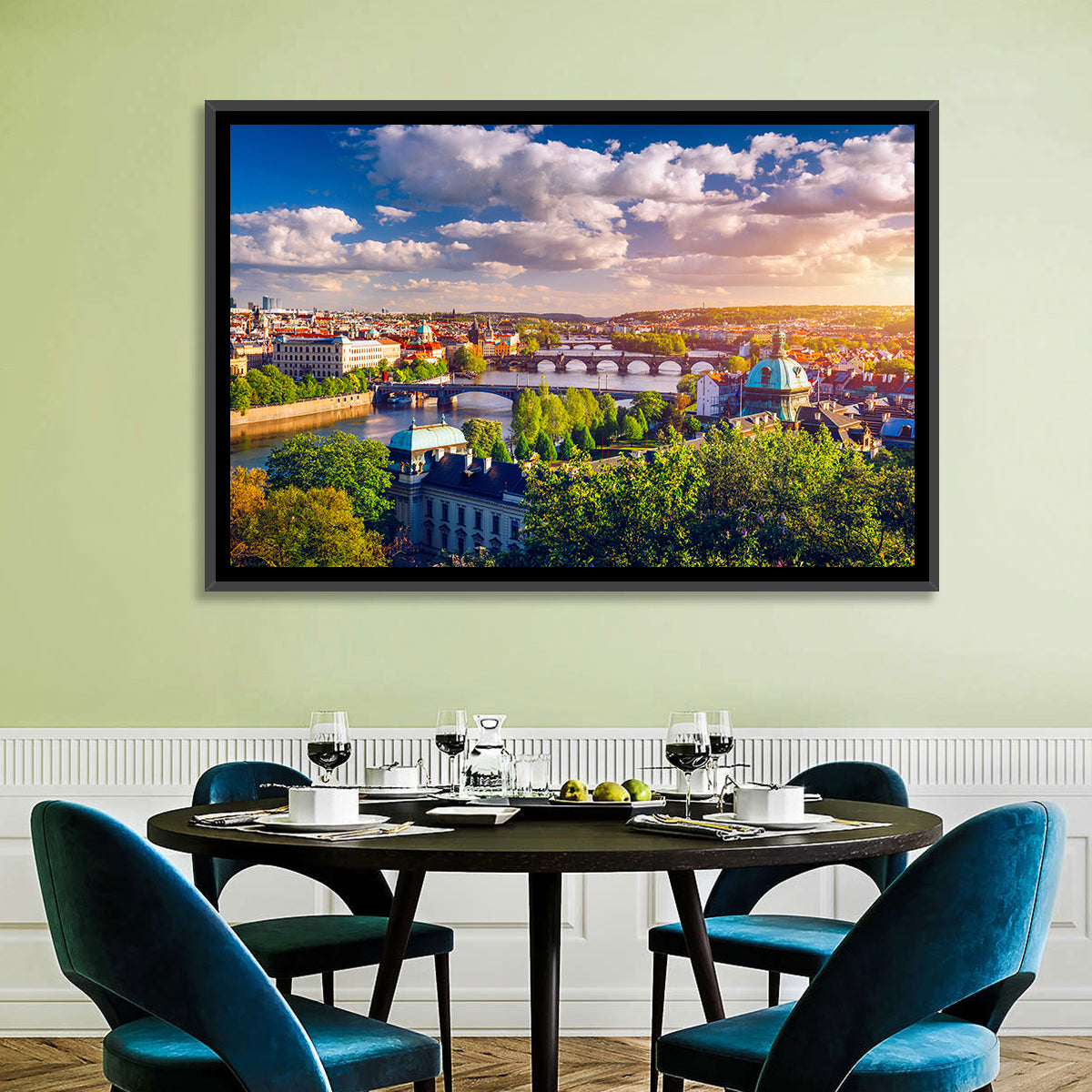 Prague Golden Hour Over Charles Bridge Wall Art in a room, landscape