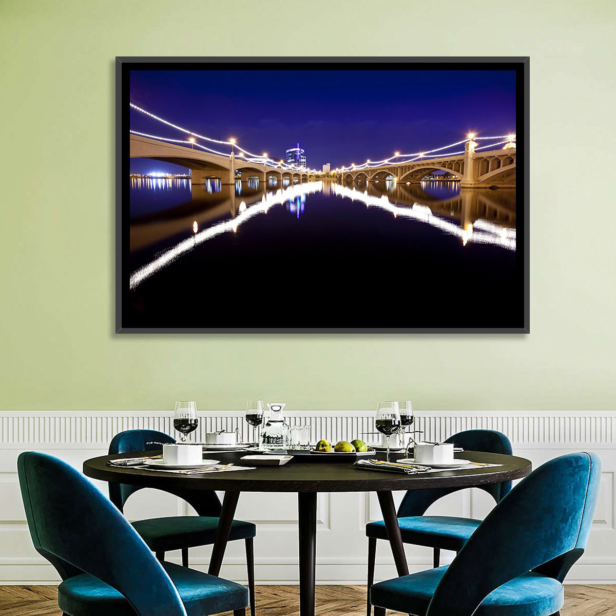 Mill Avenue Bridge Night Reflections Wall Art in a room, landscape