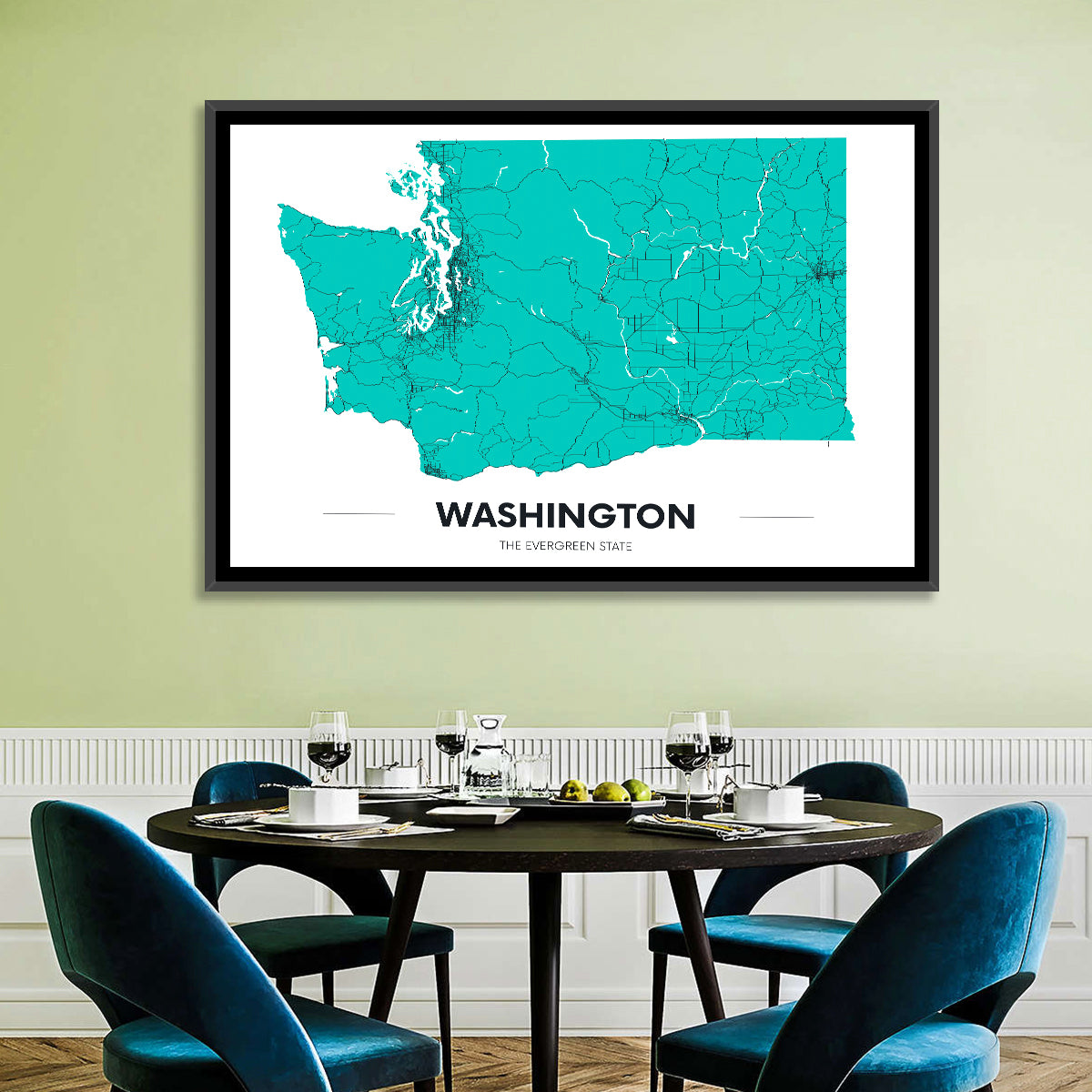 Washington State Minimalist Map Wall Art in a room, landscape