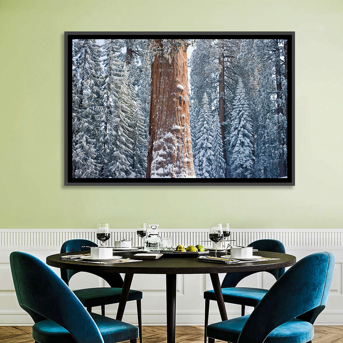 Winter Giant Sequoia in Snowy Forest Wall Art in a room, landscape