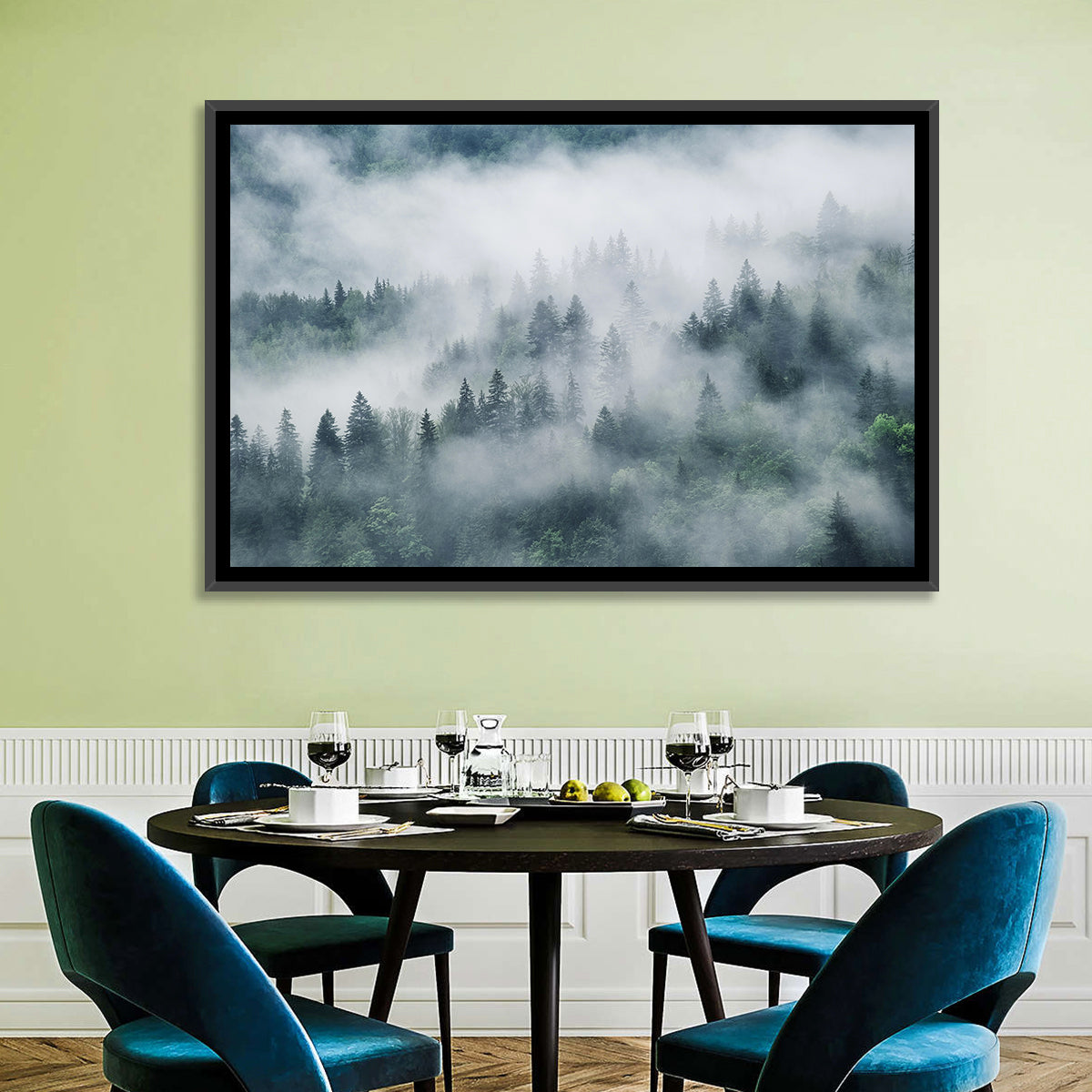 Misty Mountain Forest Wall Art in a room, landscape
