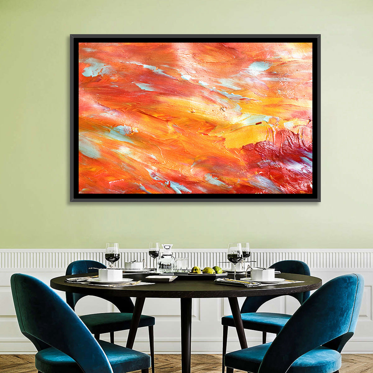 Sunfire Impasto Abstract Wall Art in a room, landscape