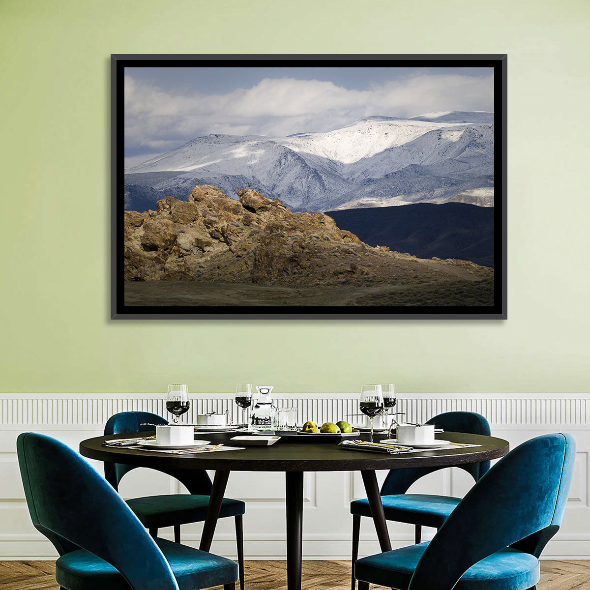 Wonderstone Snow-dusted Mountains Wall Art in a room, landscape