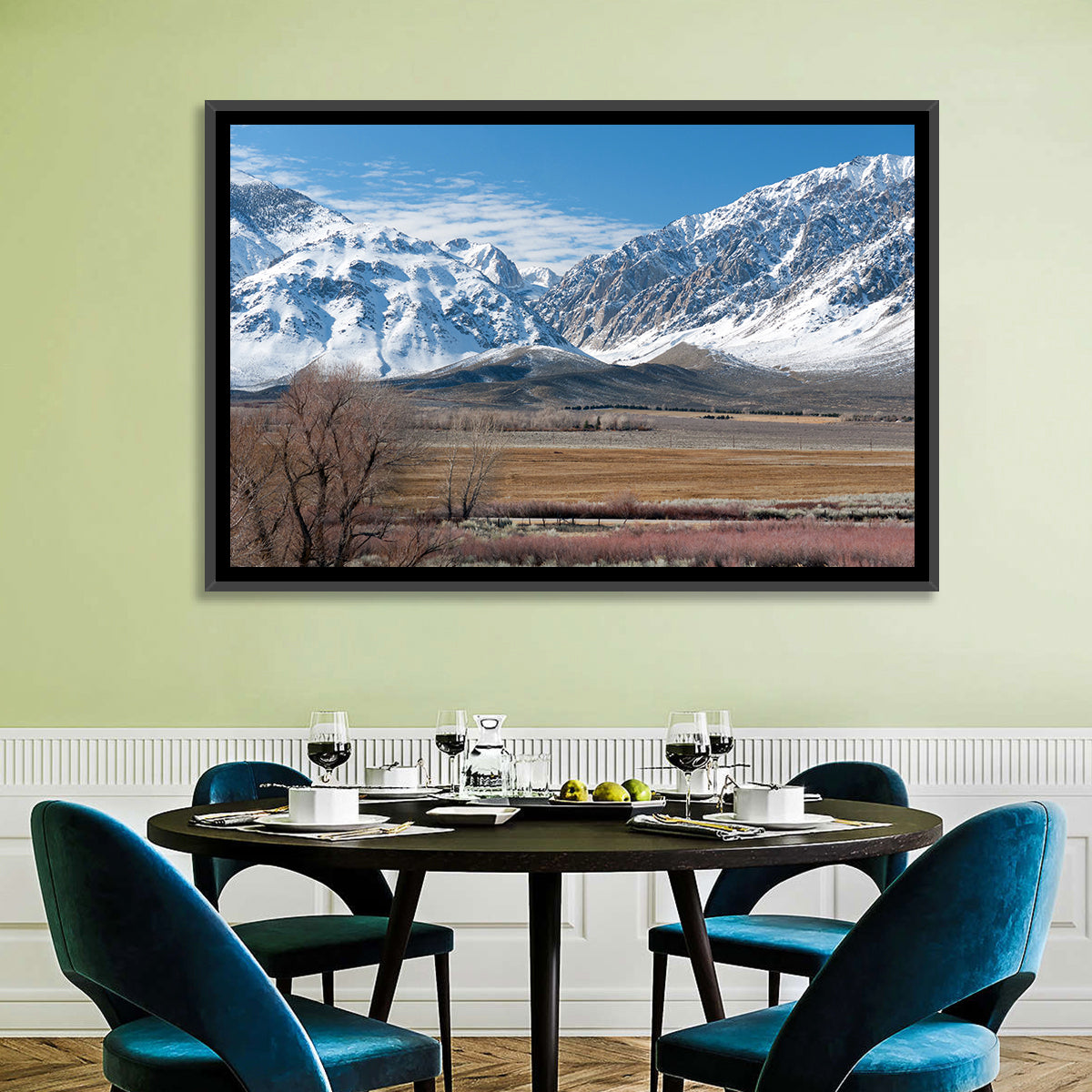 Eastern Sierra Winter Peaks Wall Art in a room, landscape