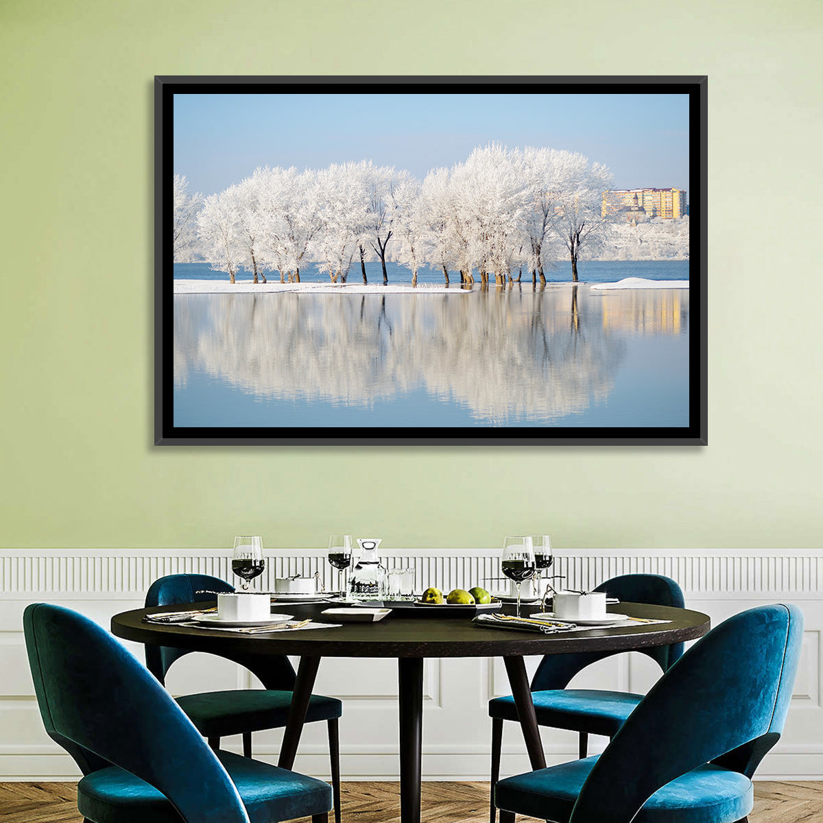 Winter Lake Reflection Wall Art in a room, landscape