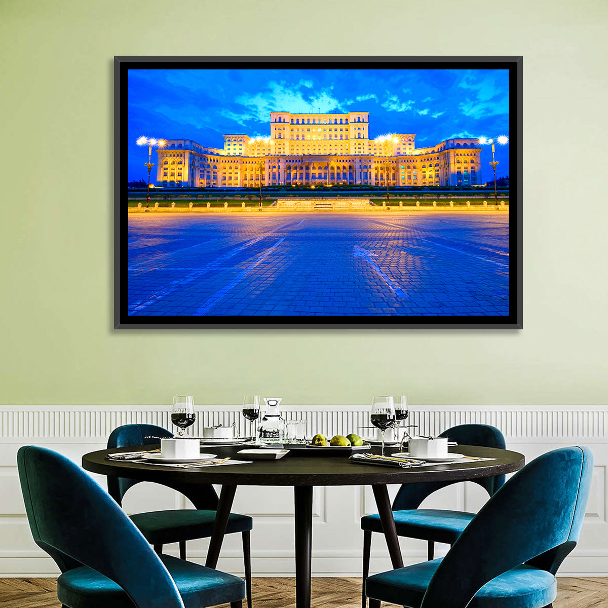 Palace of the Parliament at Twilight Wall Art in a room, landscape