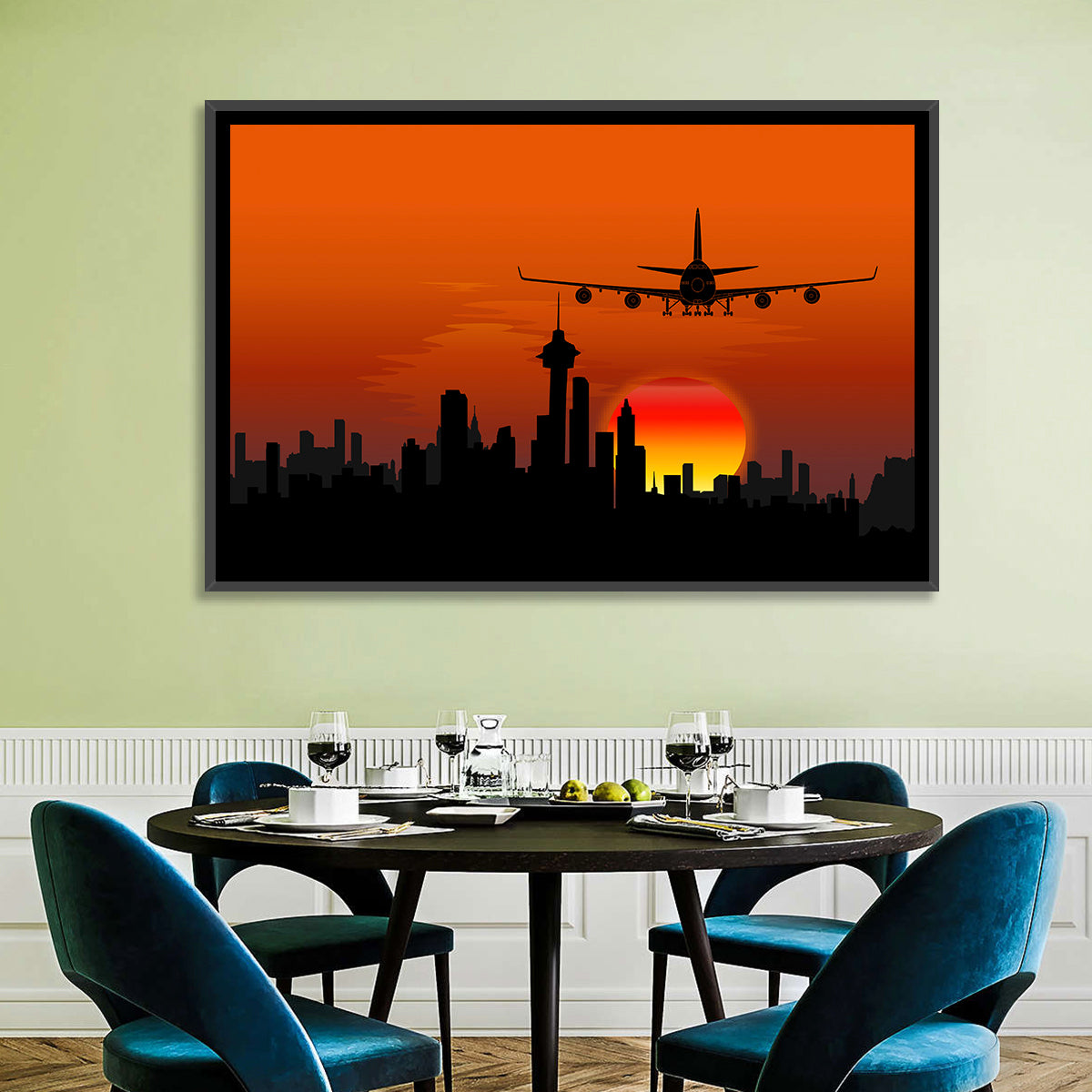 Approaching Jet Over Sunset Skyline Wall Art in a room, landscape