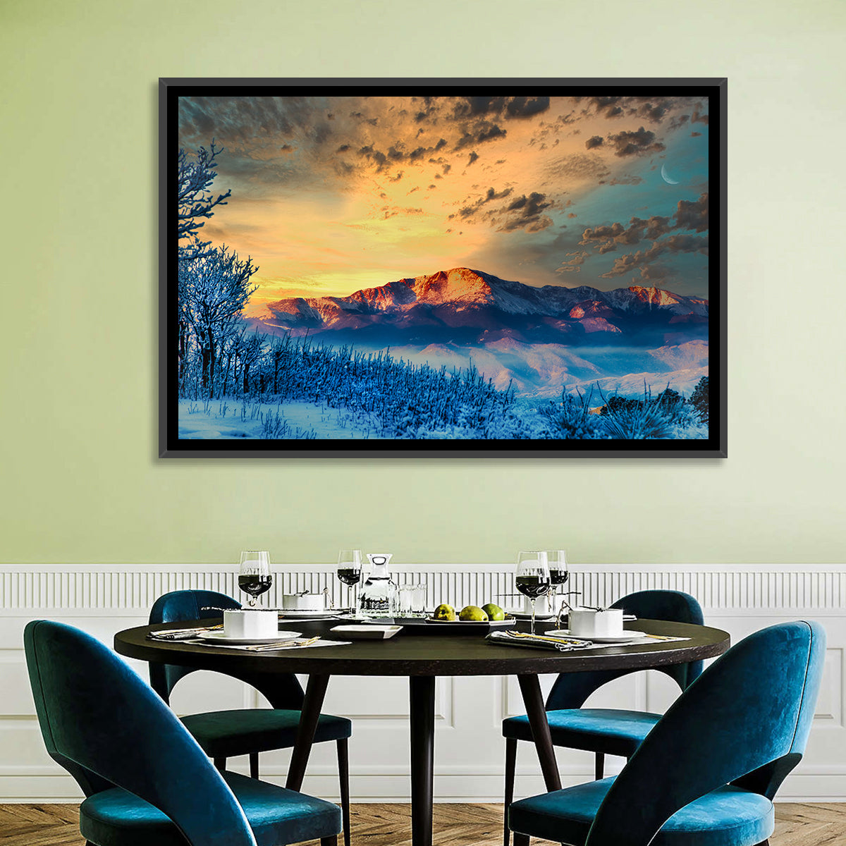Pikes Peak Golden Sunset Wall Art in a room, landscape