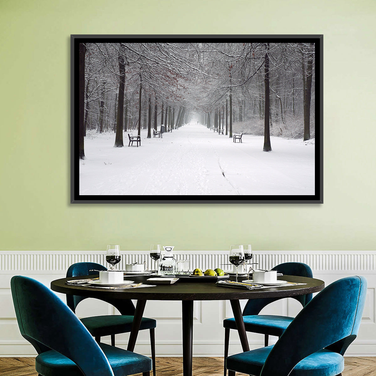 Snow Covered Park Lane Wall Art in a room, landscape
