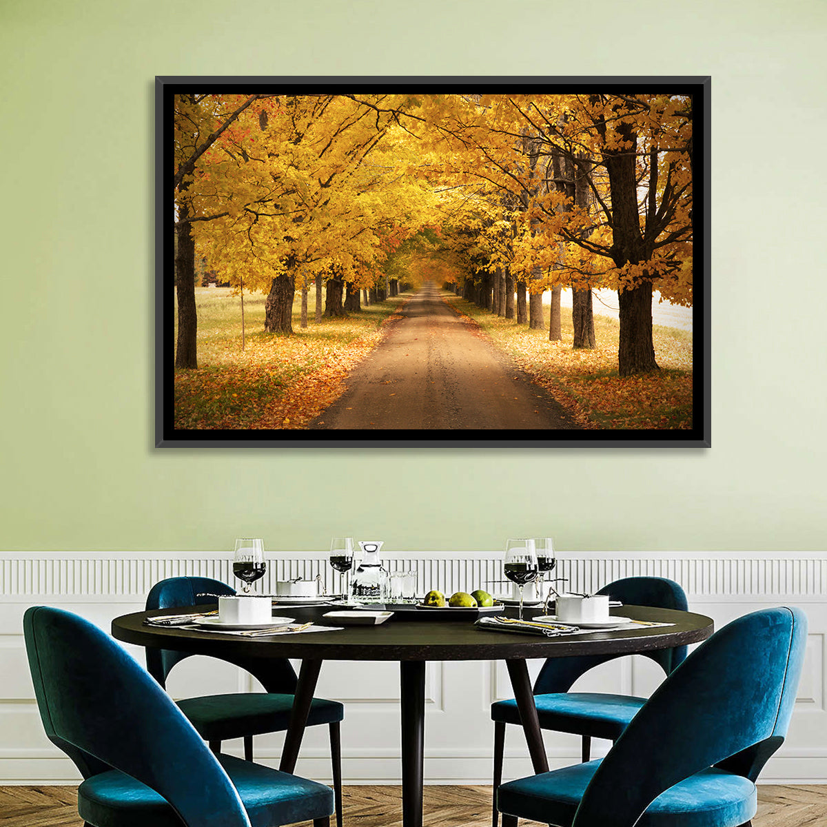Golden Autumn Road Wall Art in a room, landscape
