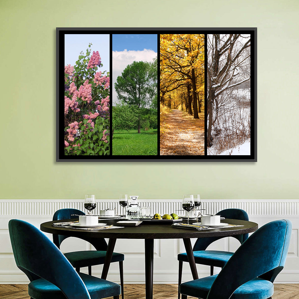 Four Seasons Tree Collage Wall Art in a room, landscape