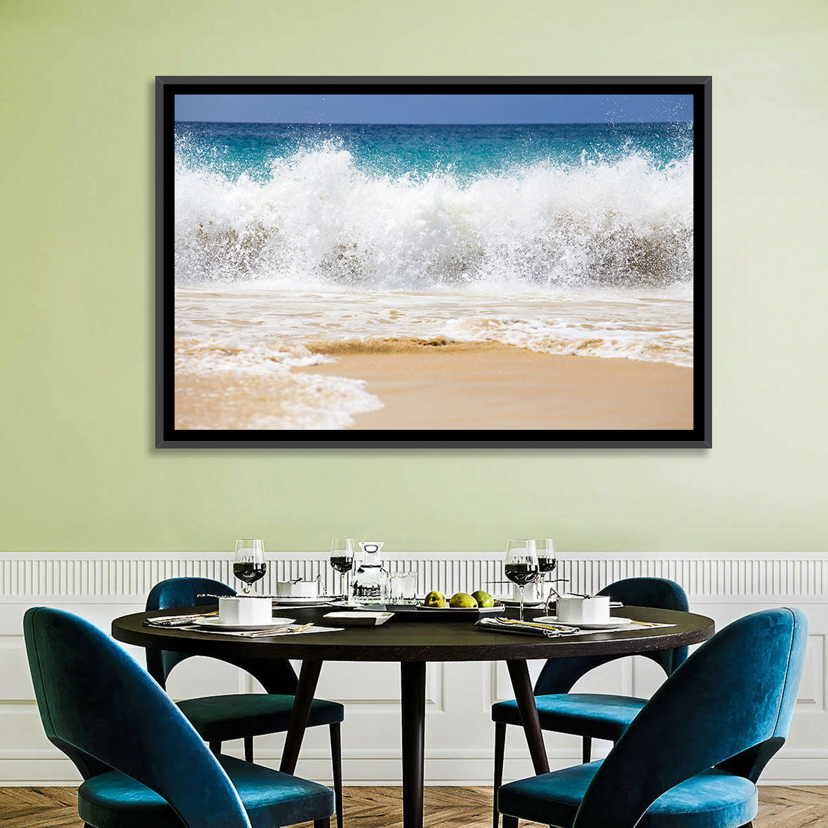 Breaking Wave Over Wet Sand Wall Art in a room, landscape
