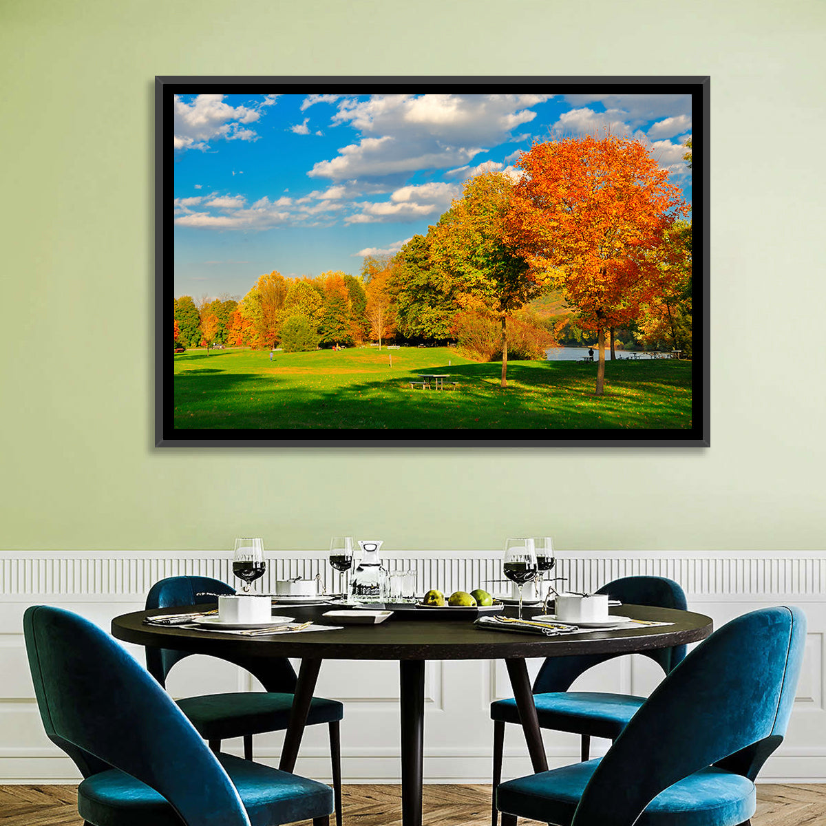 Autumn Trees and Lakeside Lawn Wall Art in a room, landscape