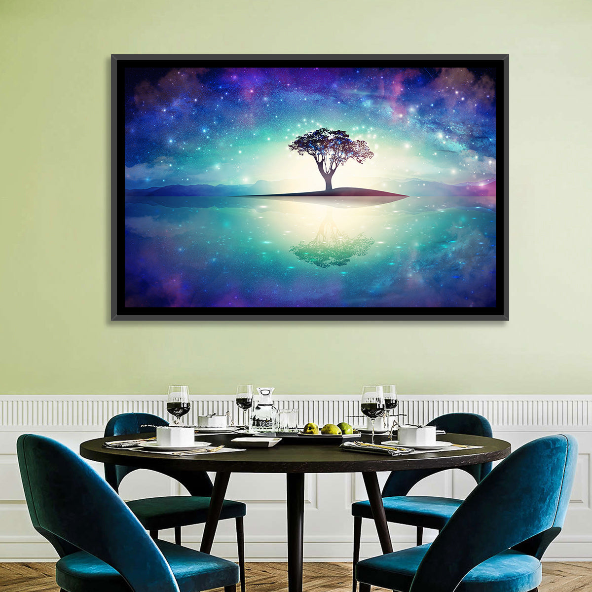 Glowing Island Tree Under Starry Nebula Wall Art in a room, landscape