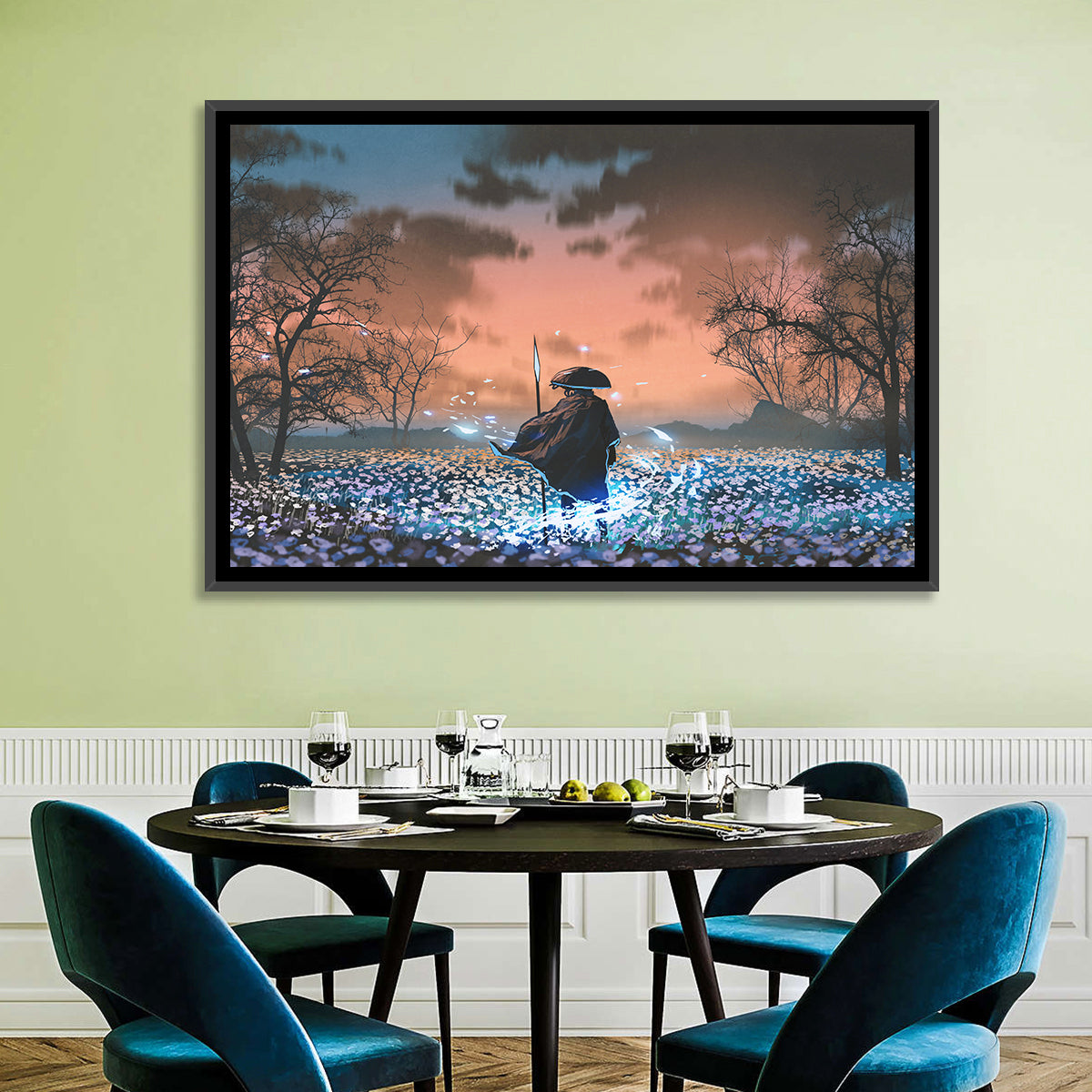 Straw Hat Samurai at Dusk Wall Art in a room, landscape